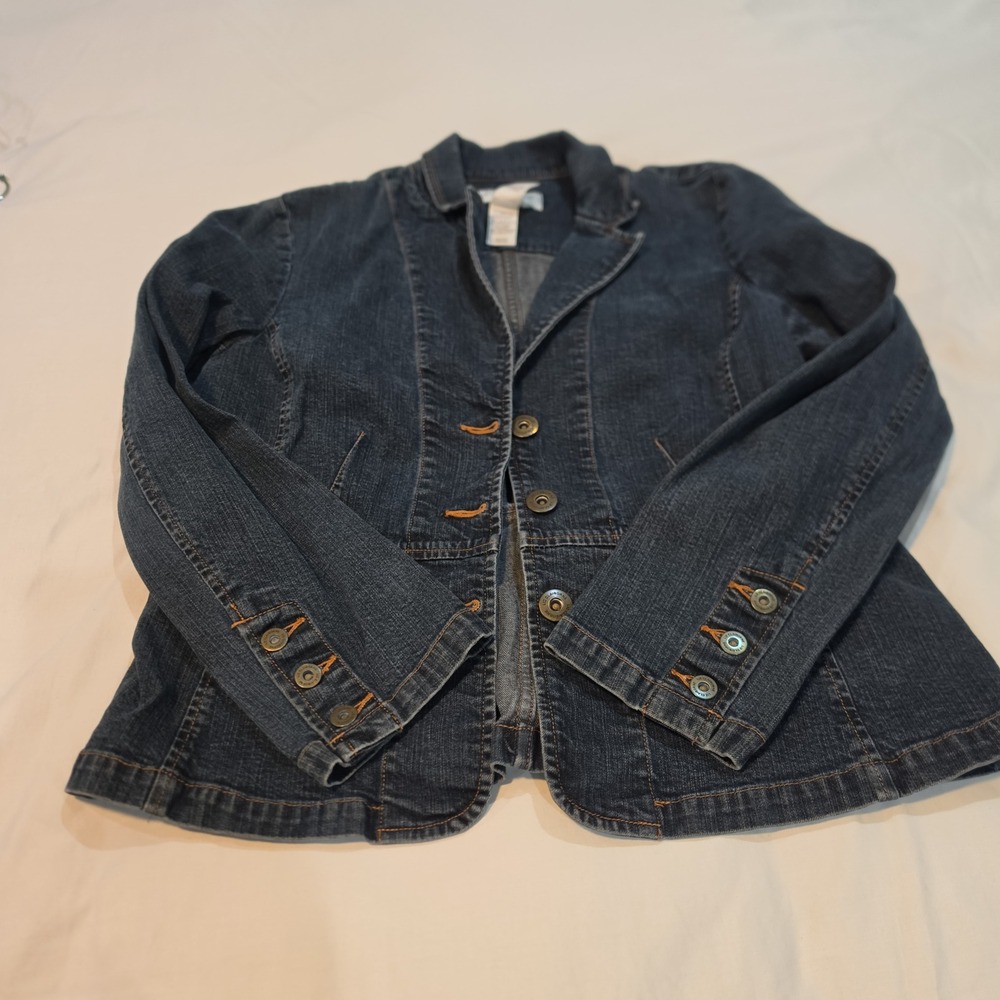 Liz Claiborne Denim Blazer Women 12P Dark Wash Blue Excellent Tailored Stretch